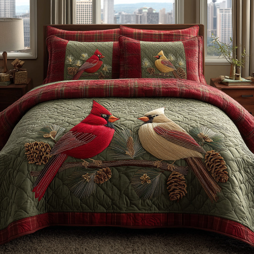 Cardinal Harmony Quilted Bedding Set Lightweight Quilt Set Christmas Gift For Her