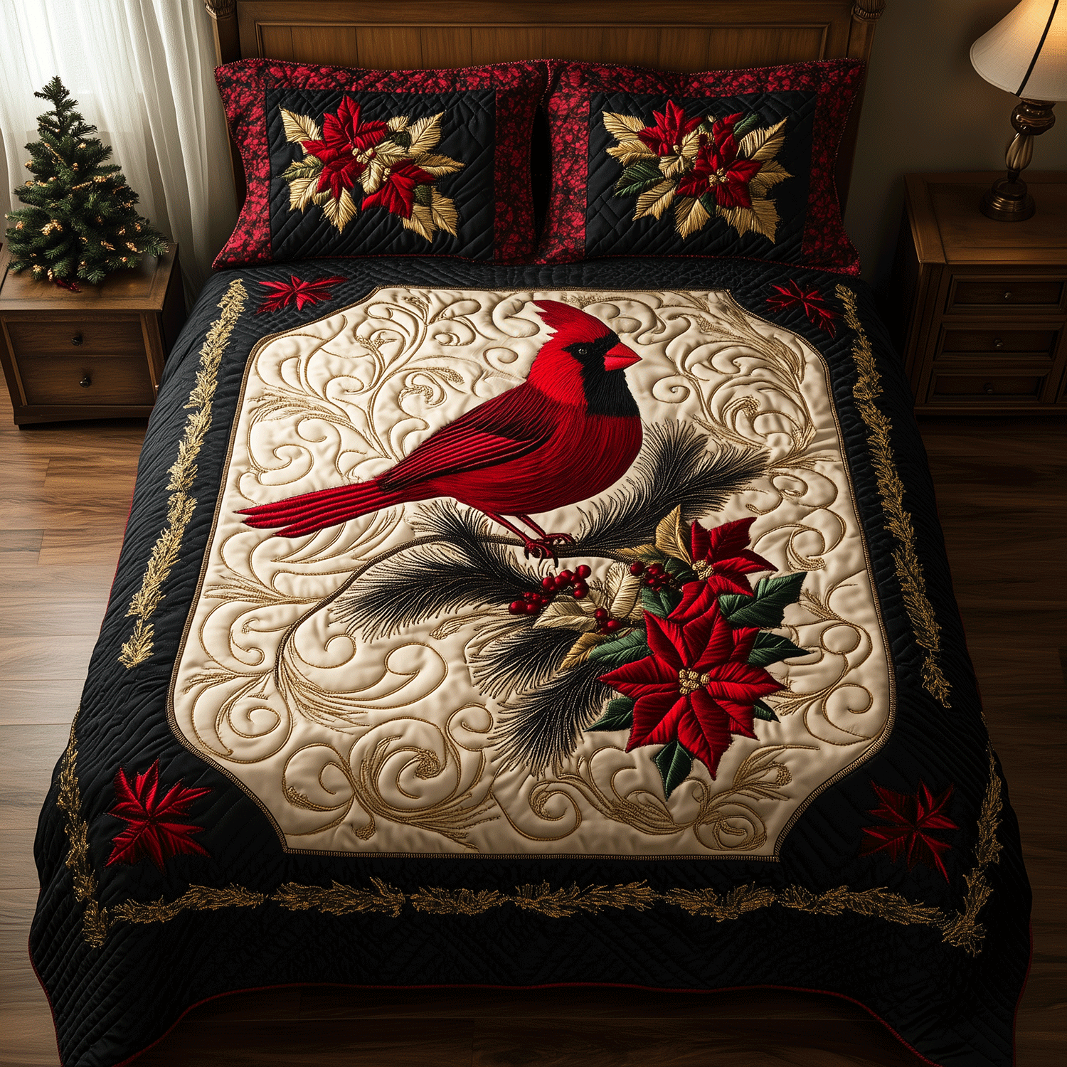 Cardinal Serenity Quilted Bedding Set Bedspread Set Christmas Gift For Her