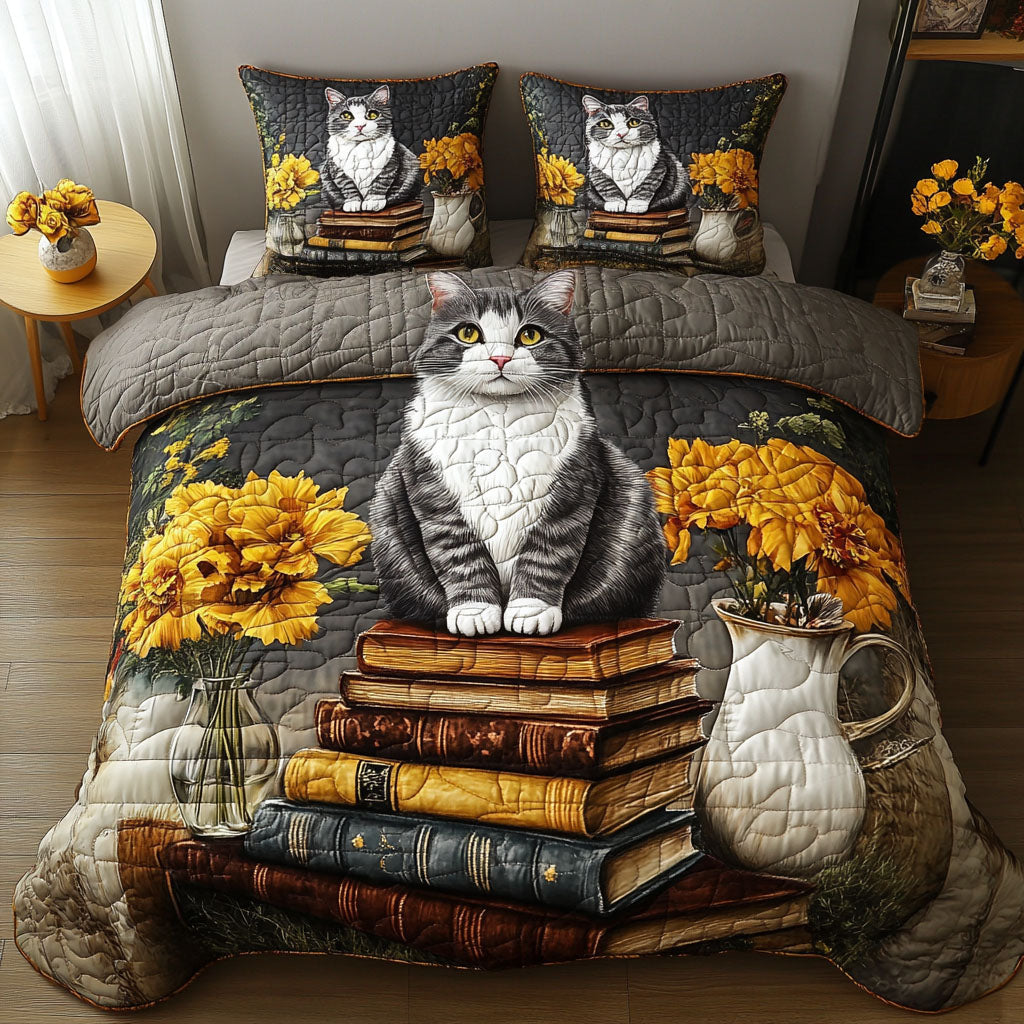Cat Library 3-Piece Quilted Bedding Set Lightweight Quilt Set Pet Lover Gift Fall Decor Gift