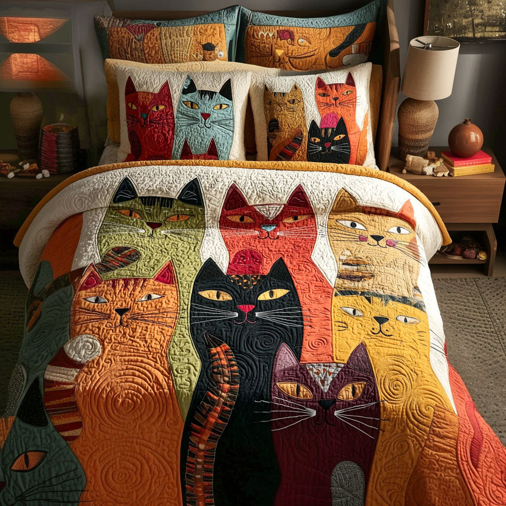 Cat Mischief Quilted Bedding Set Fall Quilt Sets Pet Lover Gift Fall Decor Gift