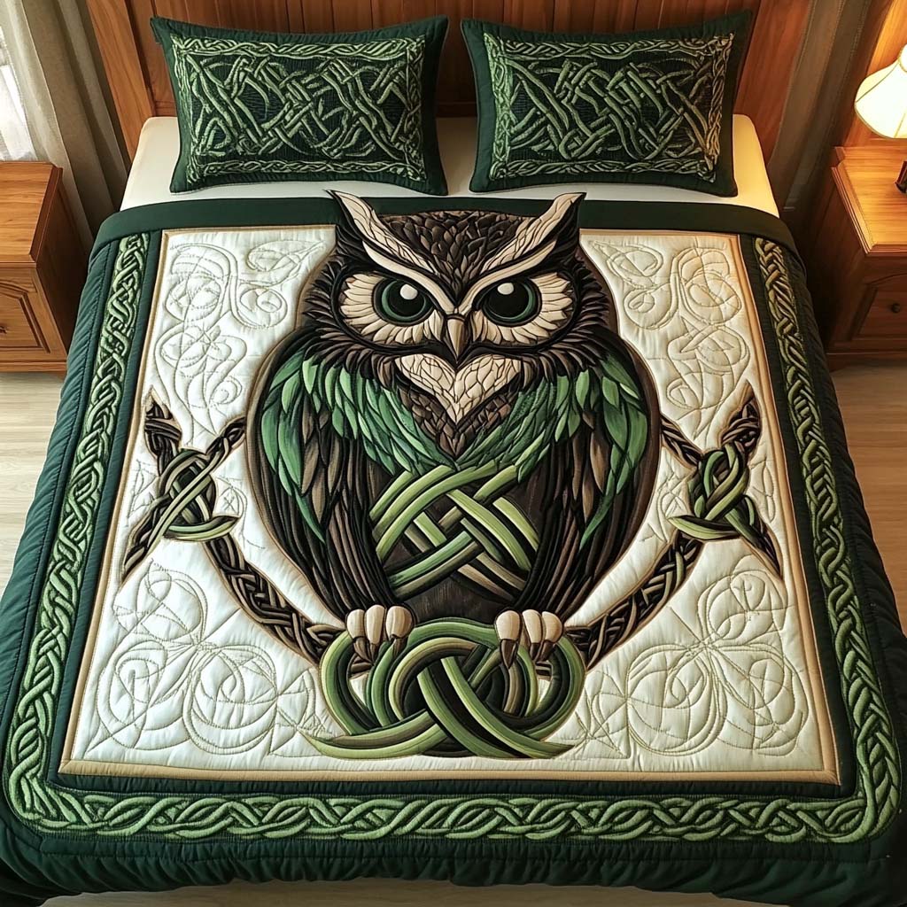 Celtic Owl Guardian 3-Piece Quilted Bedding Set Lightweight Quilt Set Housewarming Gift