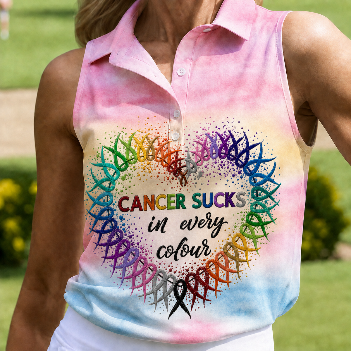 Cancer Sucks In Every Colour Ribbon Heart Polo Shirt, Ladies Golf Tops, Women’s Golf Polo