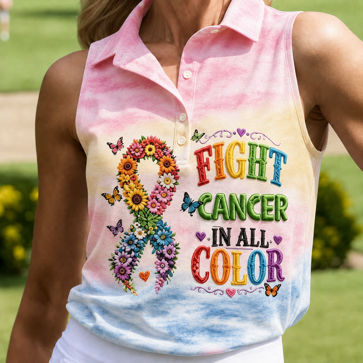 Fight Cancer In All Color Floral Ribbon Polo Shirt, Ladies Golf Shirt, Womens Golf Tops