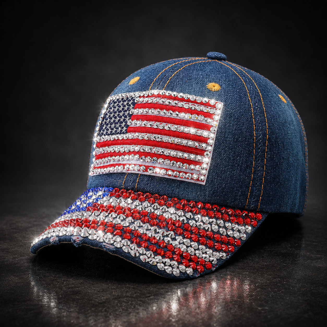 American Flag Rhinestone Denim Baseball Cap, 250th Anniversary Patriotic Hat, Patriotic USA Bling Hat