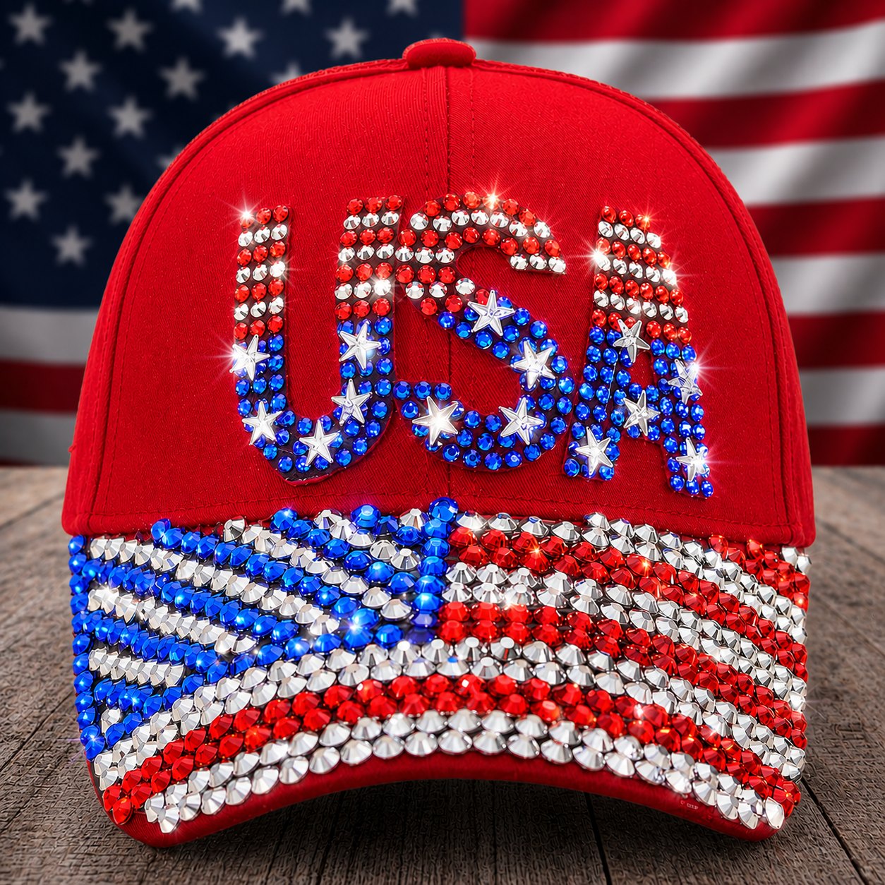 USA Rhinestone Bling Baseball Cap, 250th Anniversary Patriotic Hat, Red White Blue 4th Of July Cap