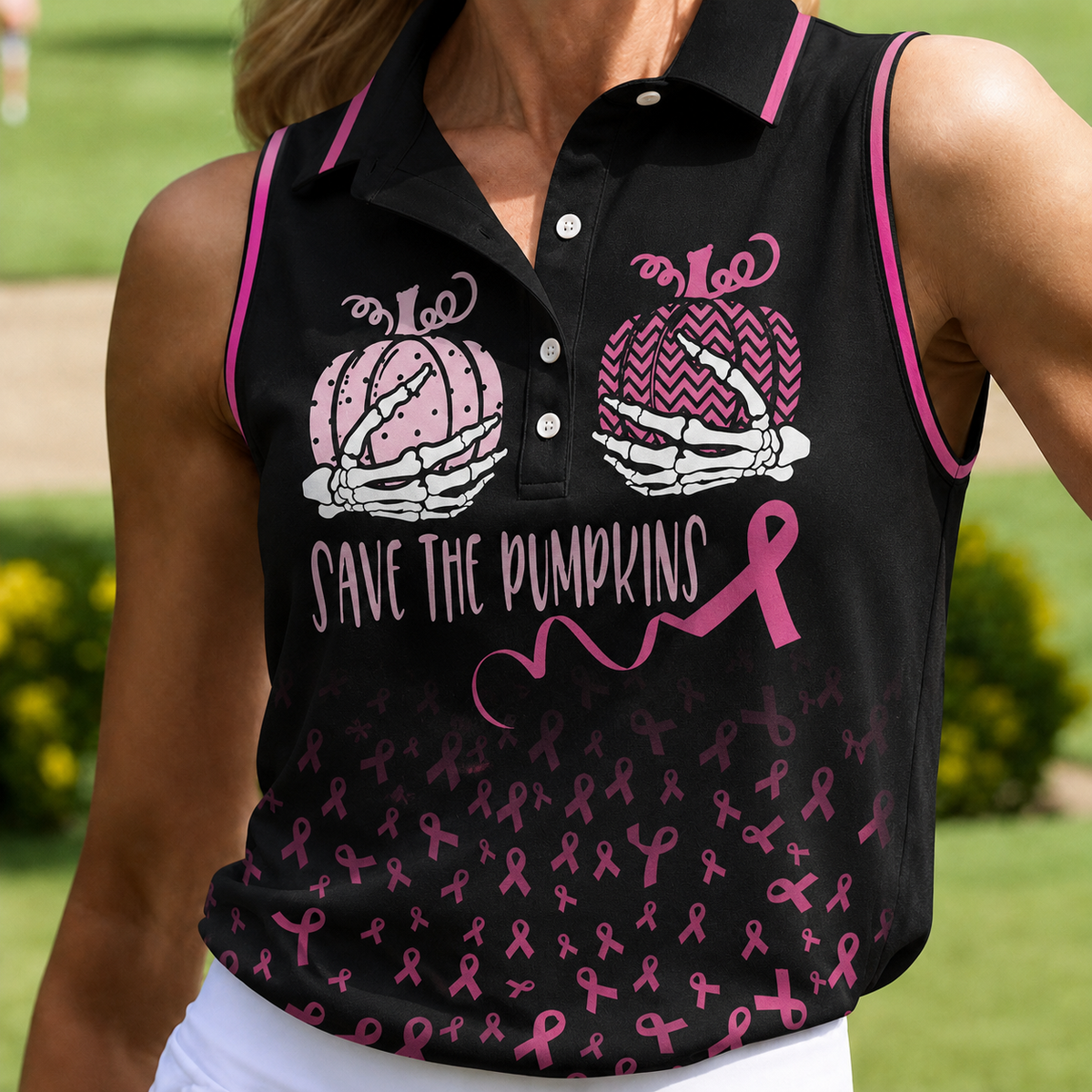 Save The Pumpkins Skeleton Breast Cancer Polo Shirt, Womens Golf Tops, Printed Golf Shirt