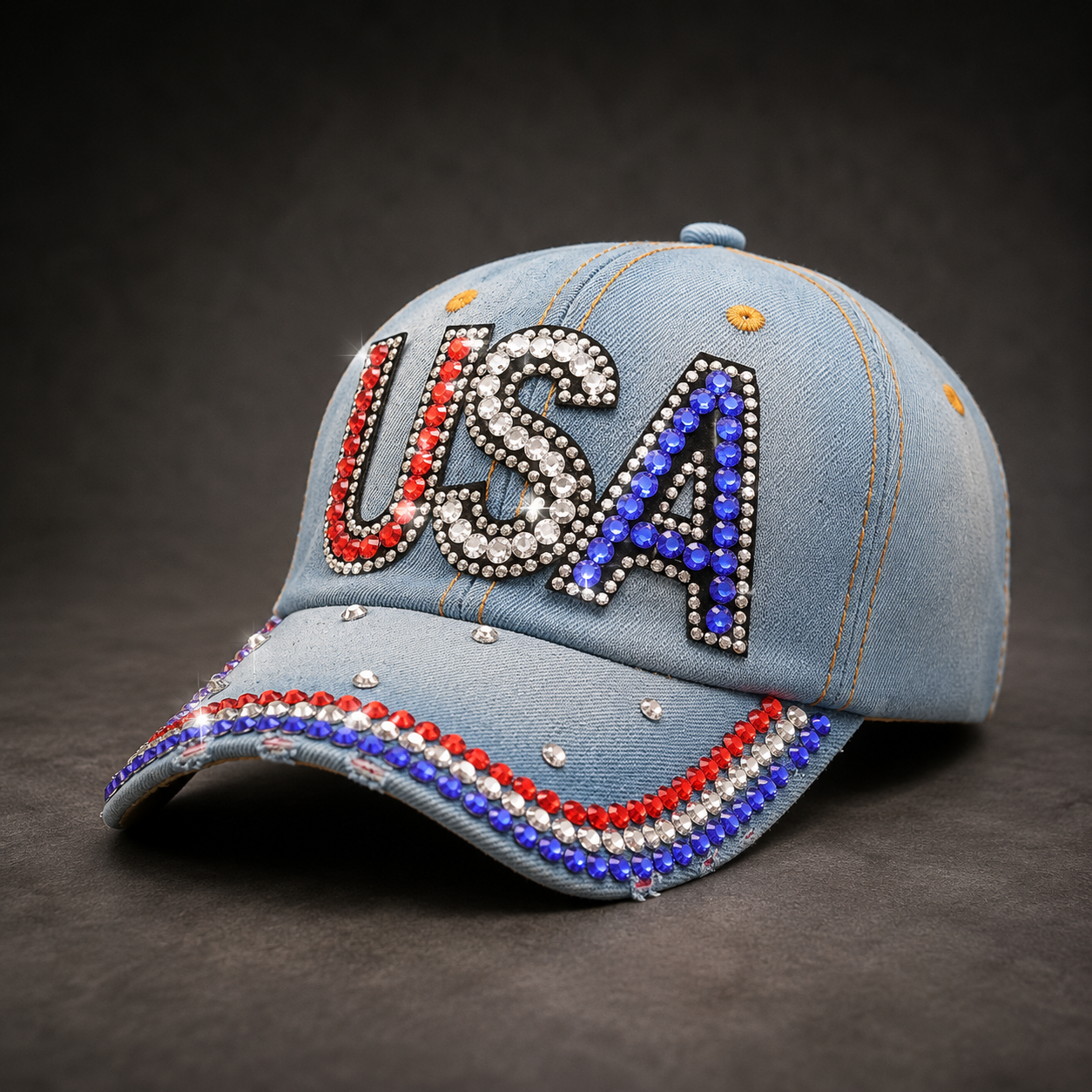 USA Rhinestone Denim Baseball Cap, 250th Anniversary Patriotic Hat, Red White Blue 4th Of July Cap
