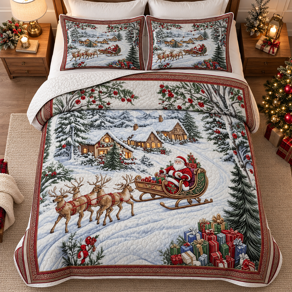 Vintage Santa Sleigh Quilted Bedding Set, Christmas Home Decor, Holiday Gift