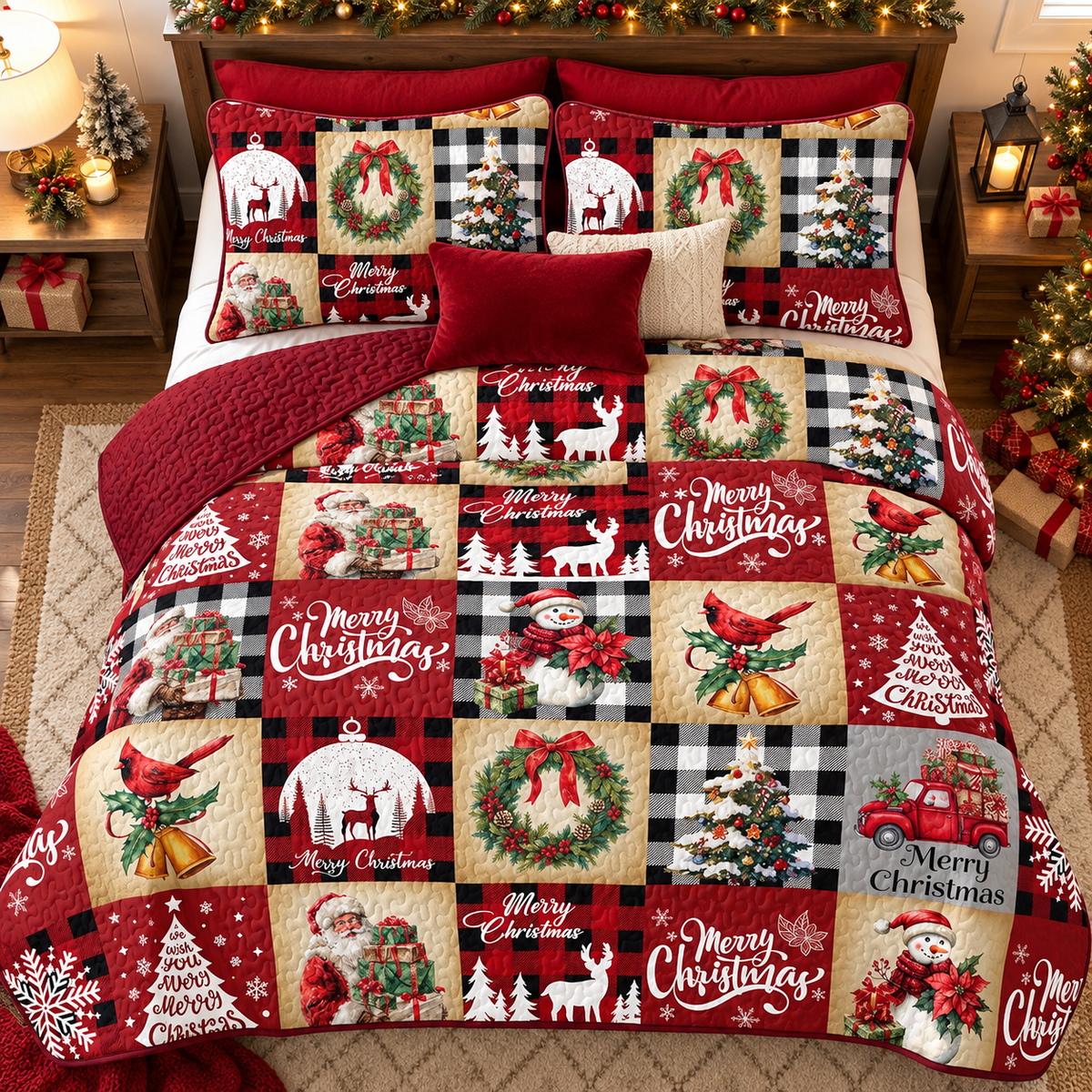 Santa Merry Christmas Quilted Bedding Set, Christmas Quilt Gift, Holiday Decor