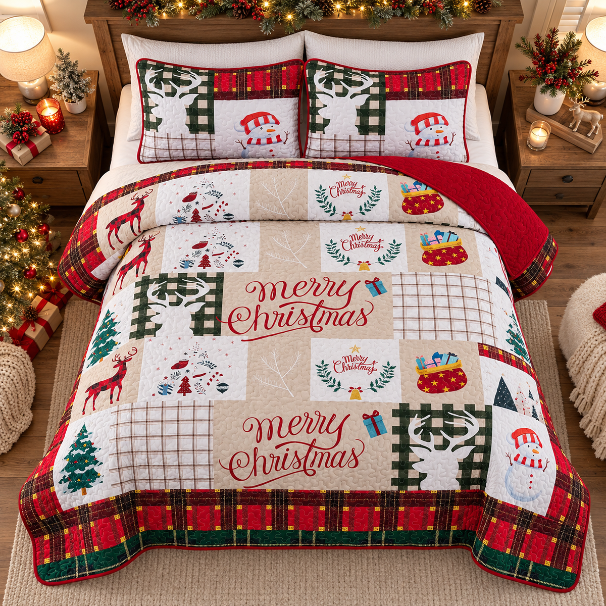 Merry Christmas Reindeer Quilted Bedding Set, Holiday Bedding, Christmas Gift For Family