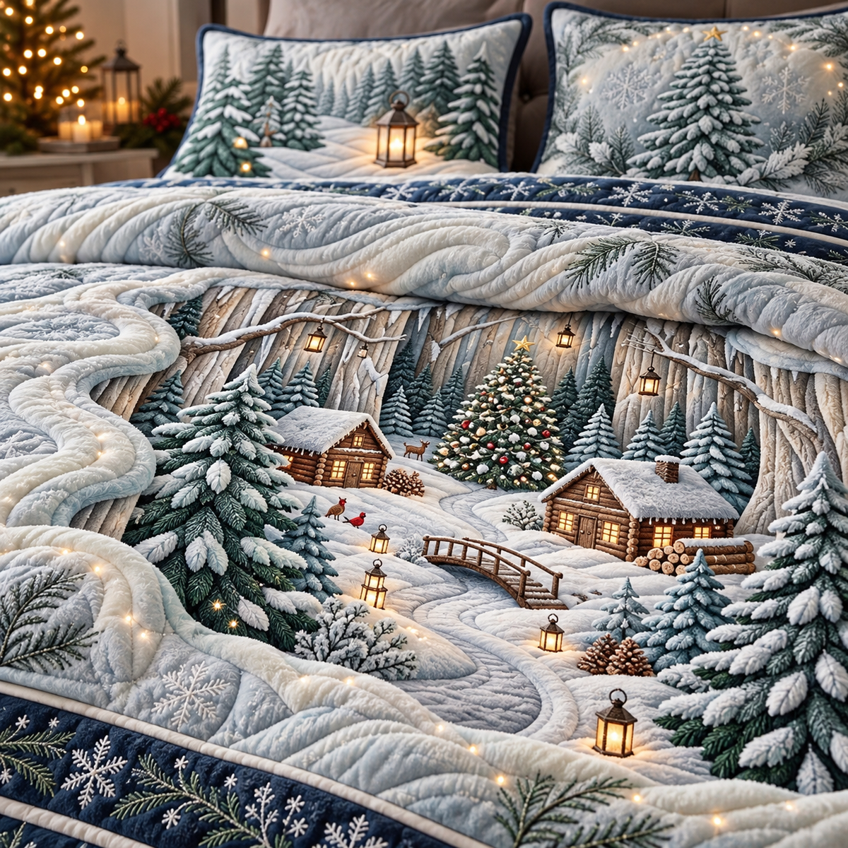 Winter Forest Quilted Bedding Set, Christmas Home Decor, Holiday Gift For Mom