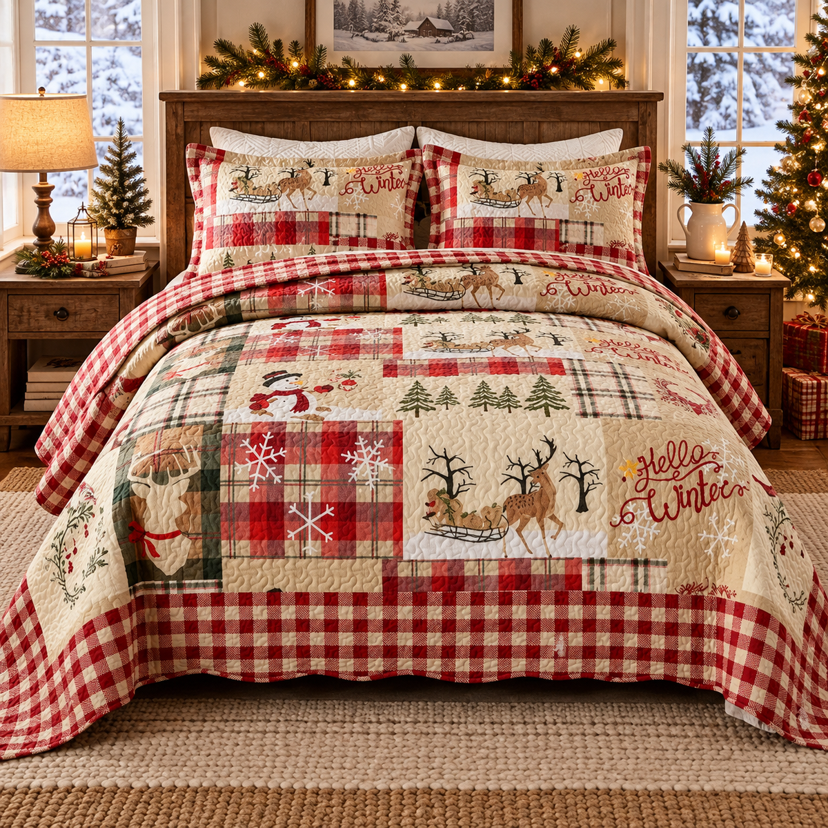 Hello Winter Reindeer Quilted Bedding Set, Holiday Home Decor, Christmas Gift