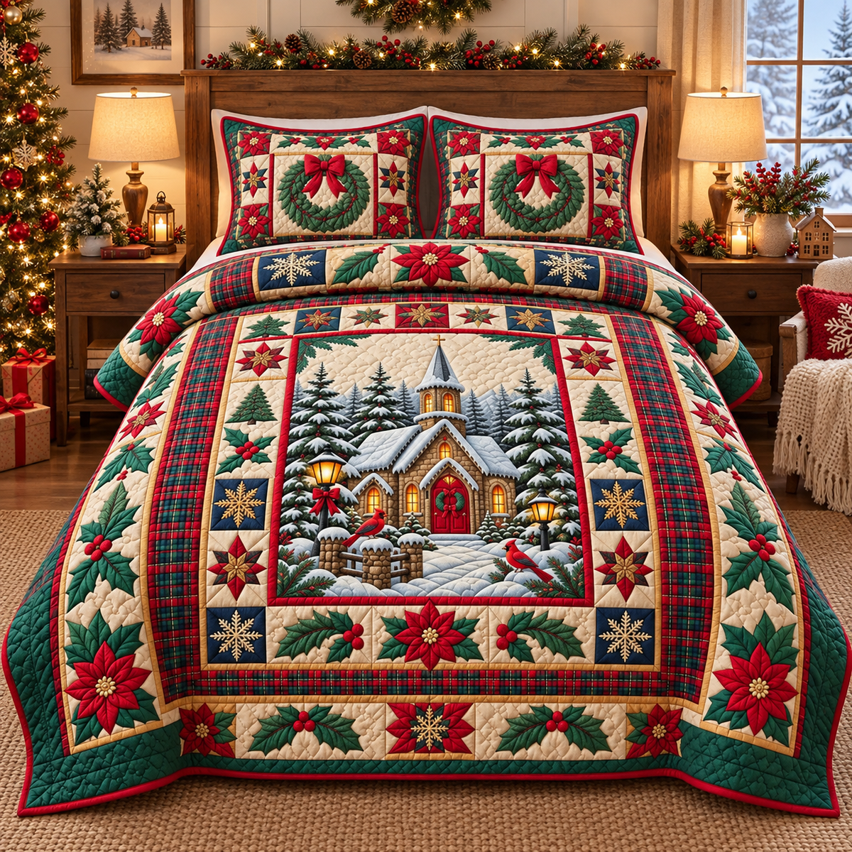 Christmas Church Poinsettia Quilted Bedding Set, Christmas Bedding, Gift For Grandma