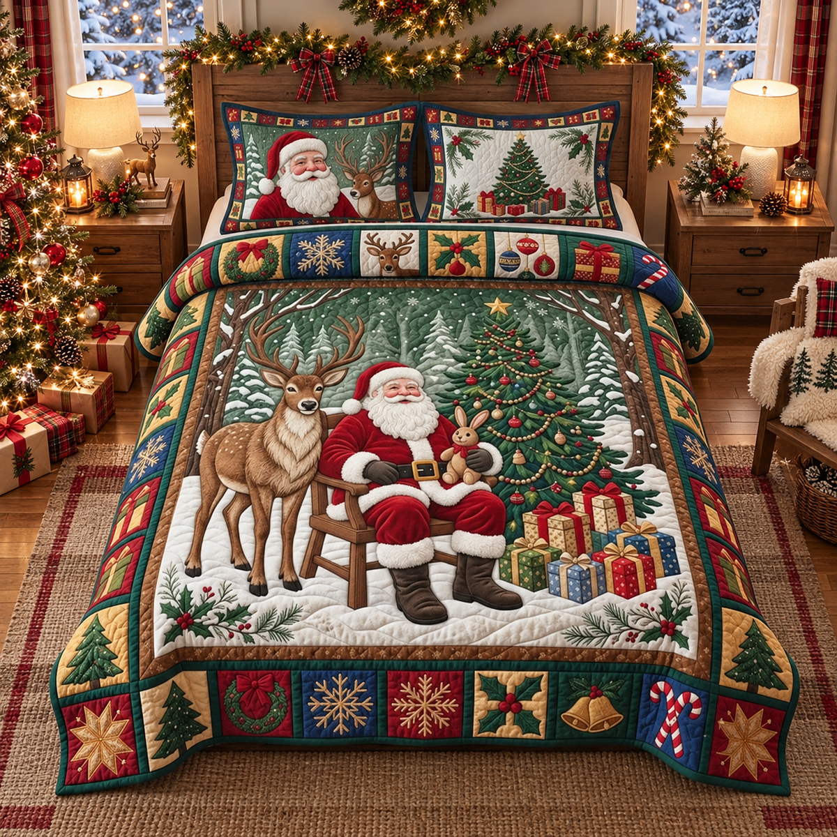 Santa Reindeer Quilted Bedding Set, Holiday Home Decor, Christmas Gift For Parents