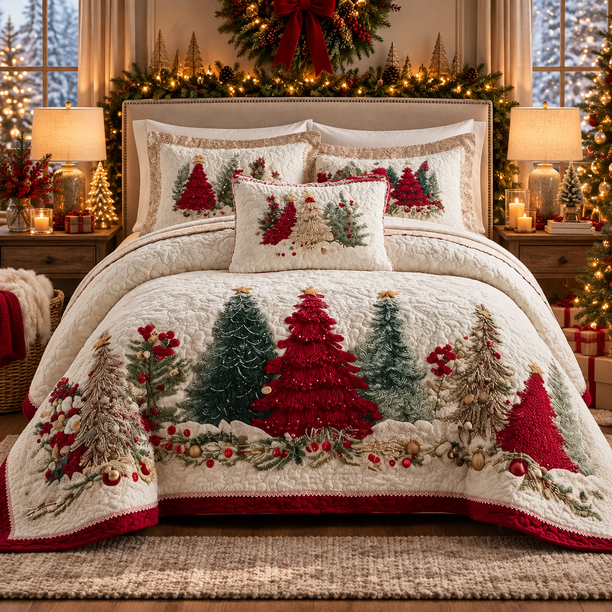 Vintage Christmas Tree Quilted Bedding Set, Holiday Bedding, Christmas Home Decor