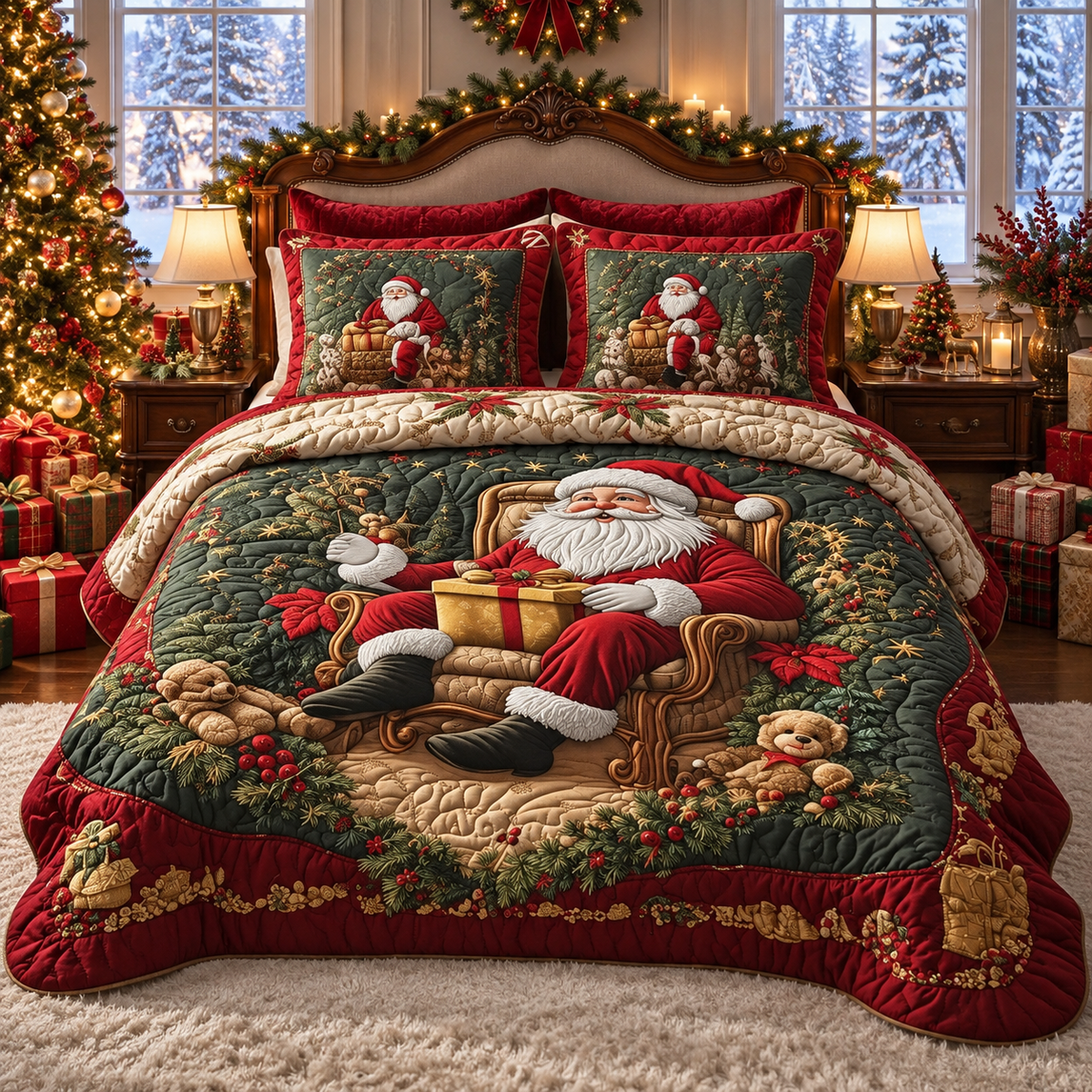 Vintage Santa Quilted Bedding Set, Christmas Bedding, Holiday Gift For Family