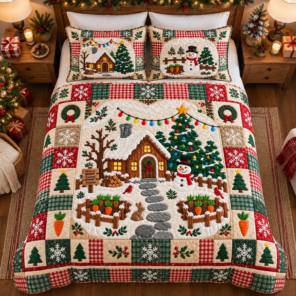 Snowman Cabin Christmas Quilted Bedding Set, Christmas Bedding, Gift For Grandma