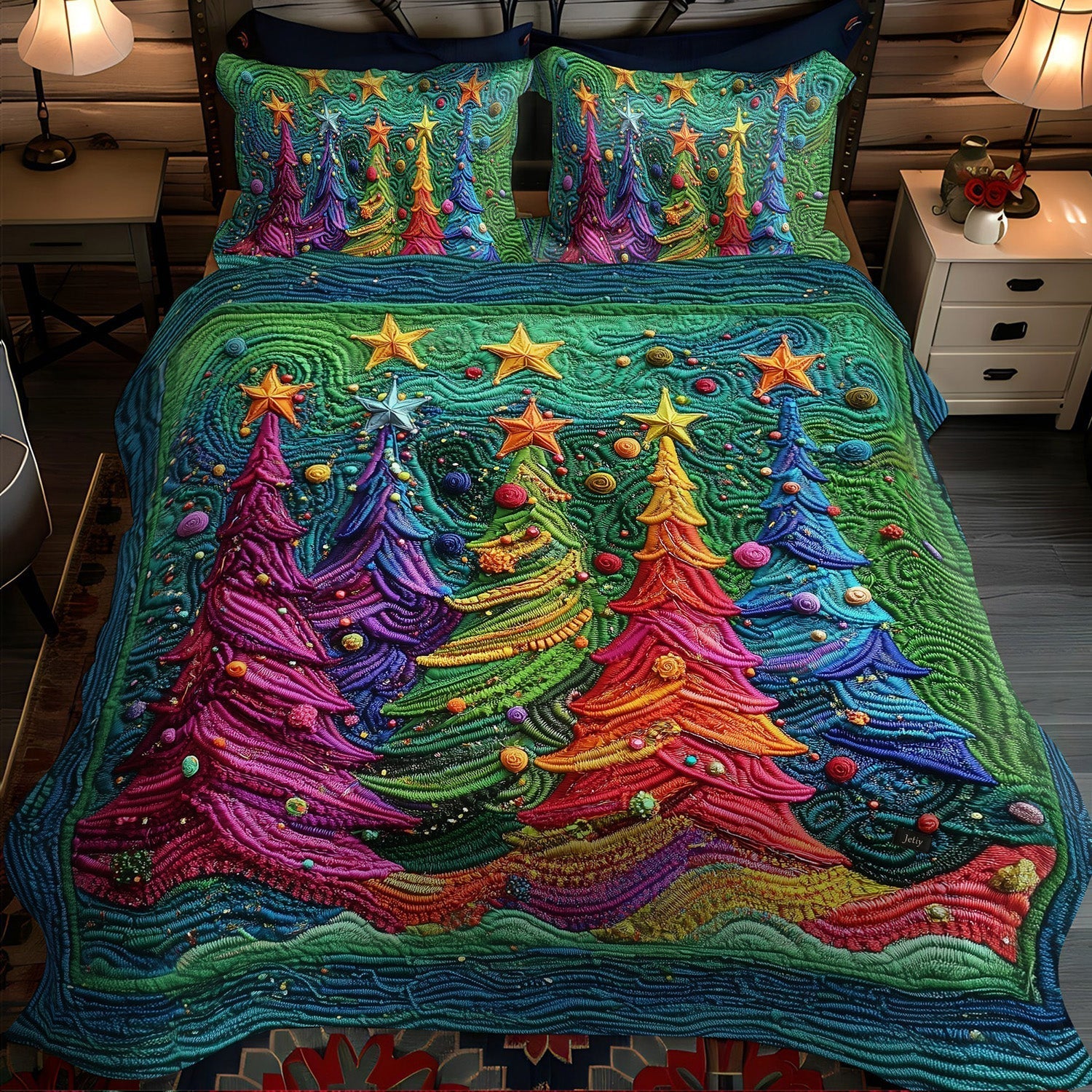 Christmas Star Pines 3-Piece Quilted Bedding Set Quilted Bedspread Christmas Gift For Her