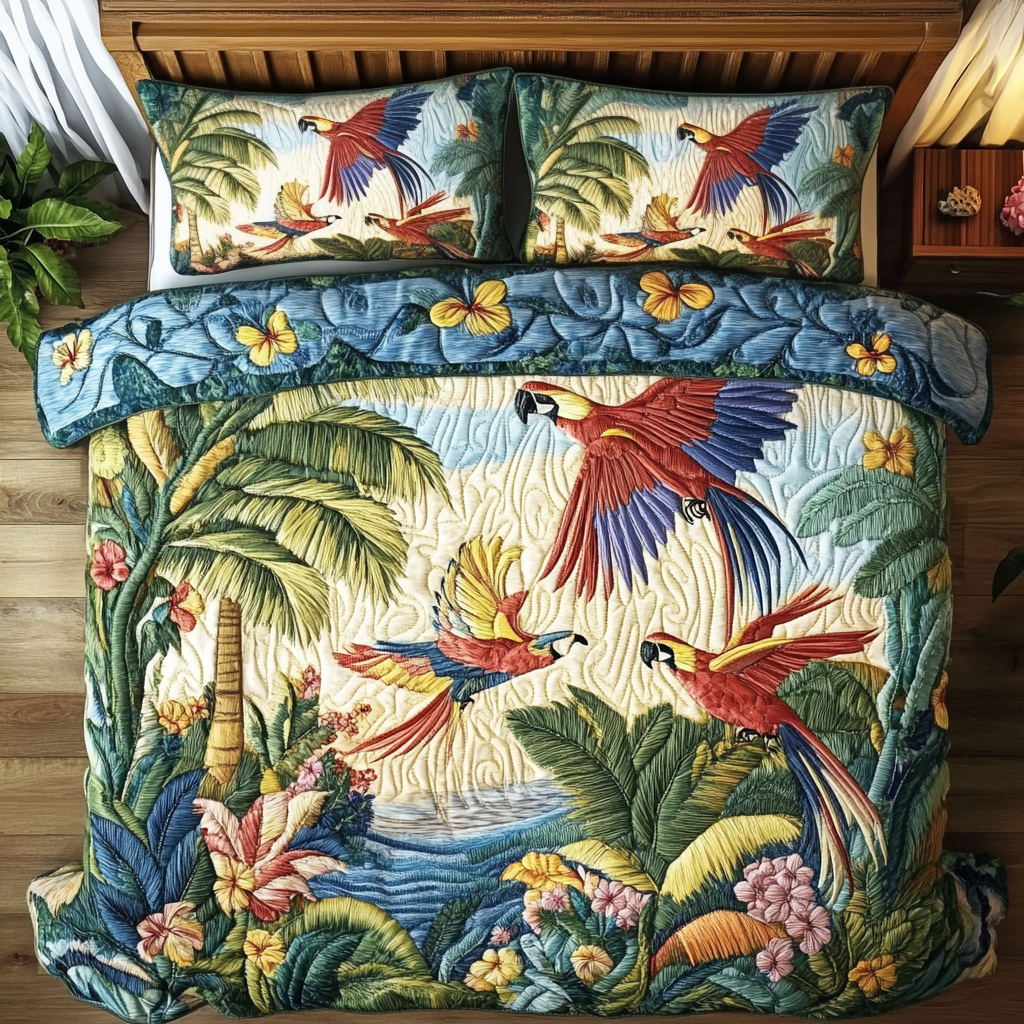 Coastal Macaw 3-Piece Quilted Bedding Set Fall Quilt Sets Nature Lover Gift Fall Decor Gift