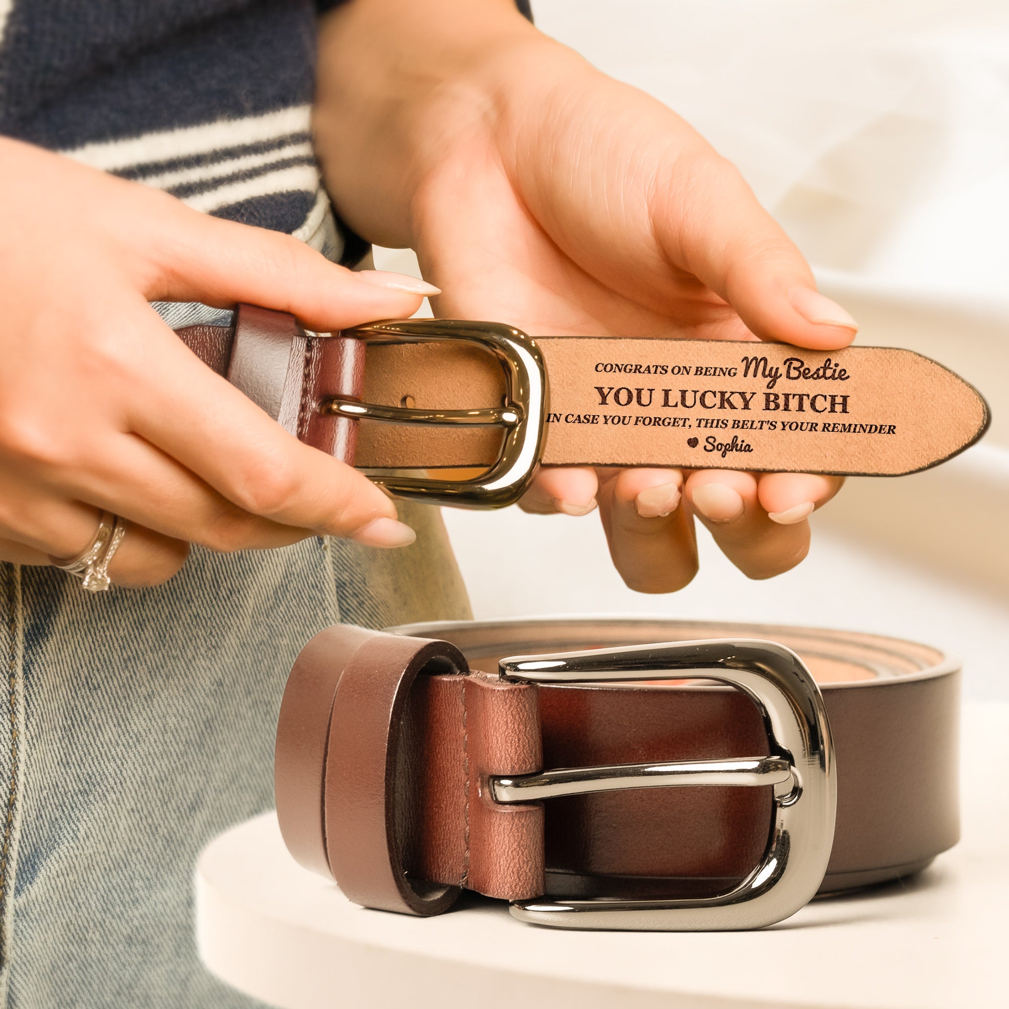 Congrats On Being My Bestie Personalized Engraved Women Leather Belt, Gift For Her
