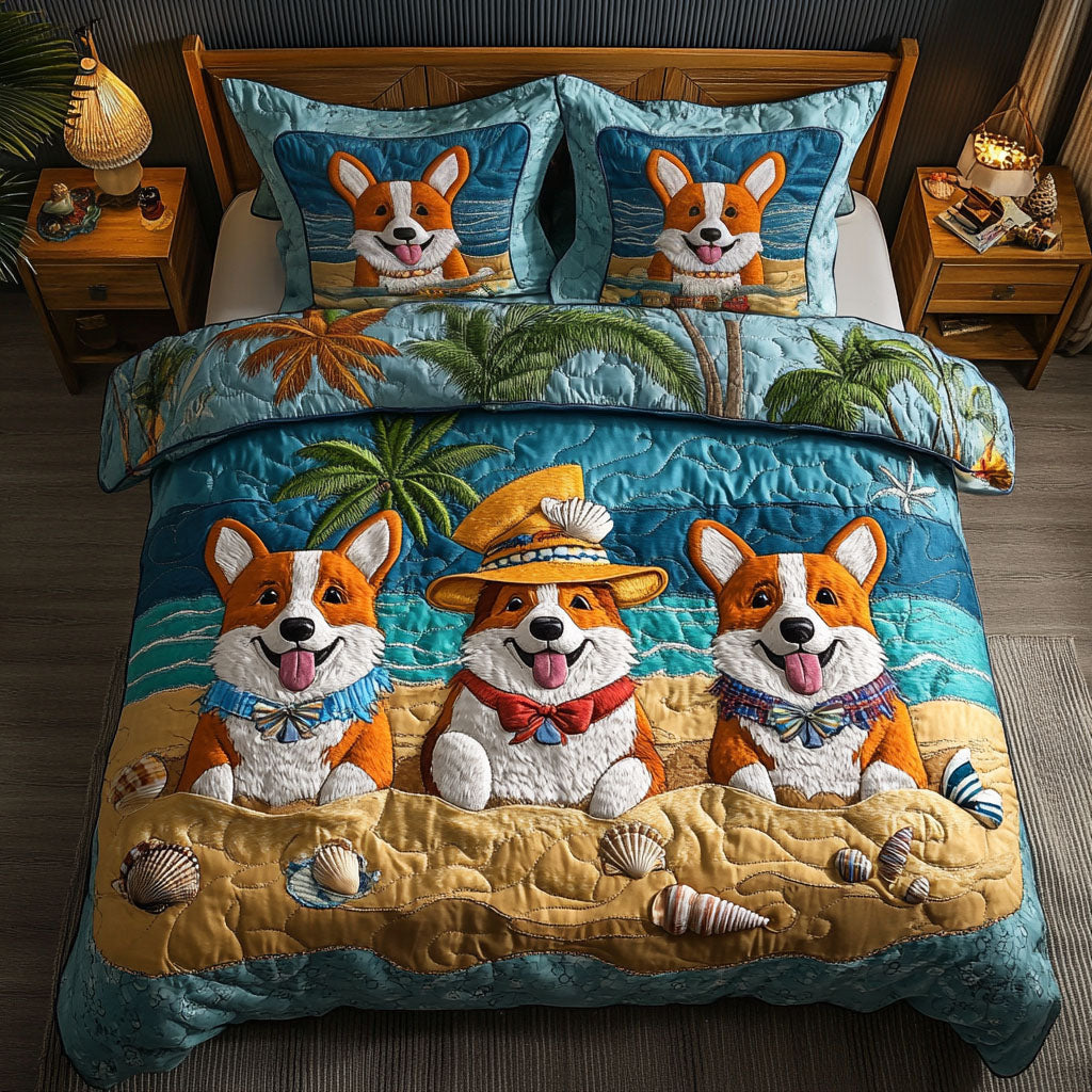 Corgi Shell Time Quilted Bedding Set Fall Quilt Sets Pet Lover Gift Fall Decor Gift