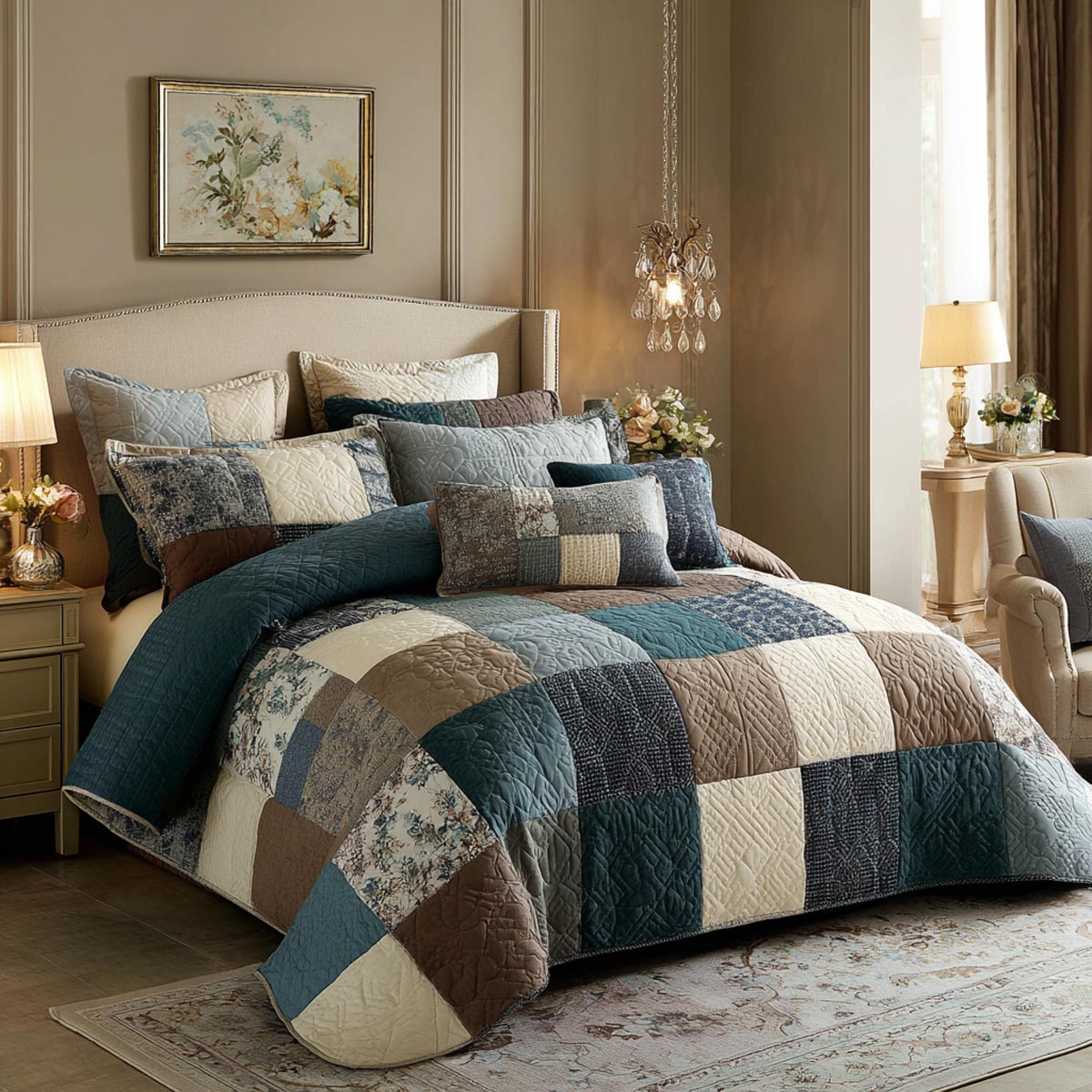 Country Patchwork Quilted Bedding Set Quilted Bedspread Nature Lover Gift Fall Decor Gift