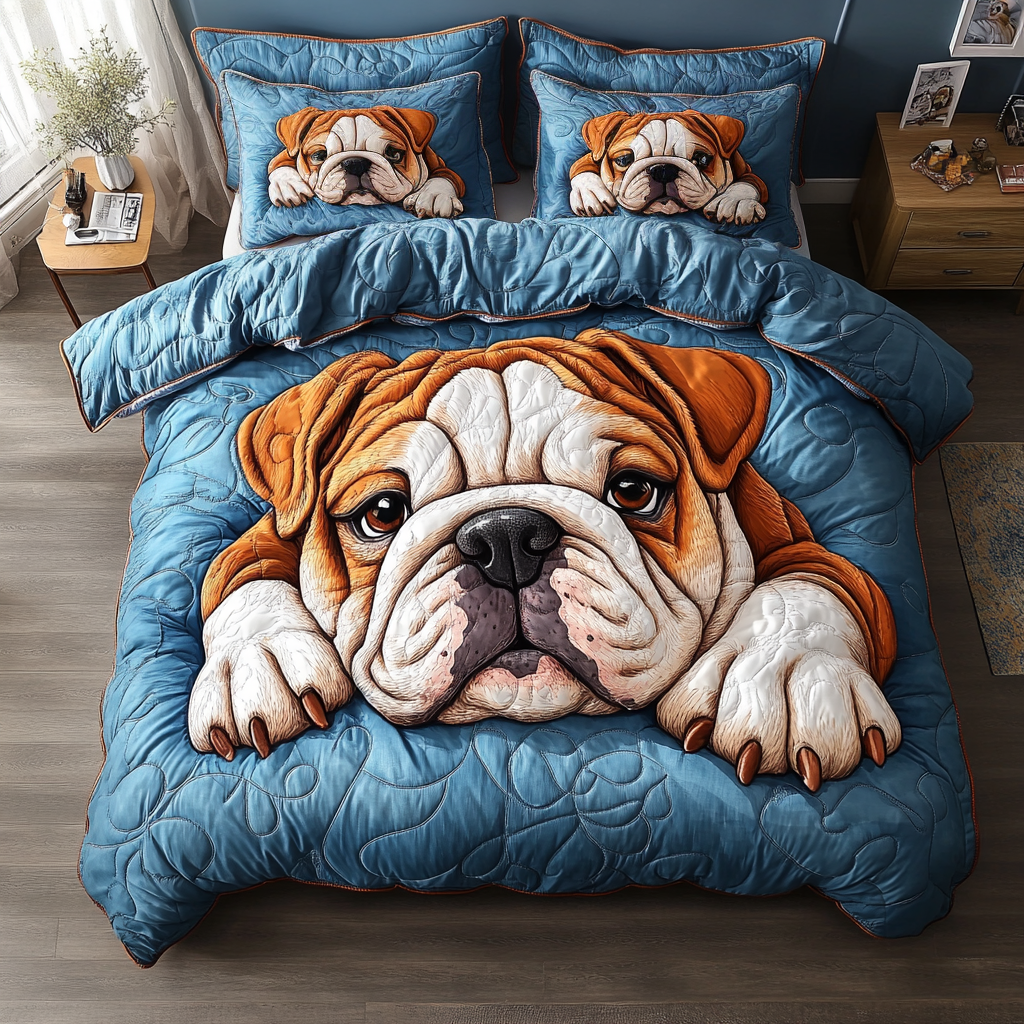 Cozy Bulldog 3-Piece Quilted Bedding Set Lightweight Quilt Set Pet Lover Gift Fall Decor Gift