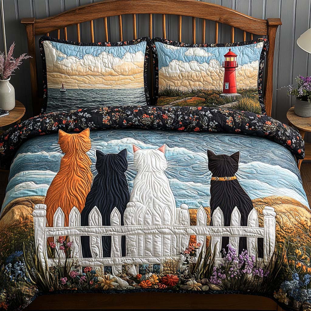 Cozy Cat Crew 3-Piece Quilted Bedding Set Quilted Bedspread Pet Lover Gift Fall Decor Gift