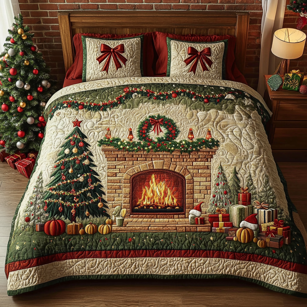 Cozy Christmas Eve 3-Piece Quilted Bedding Set Bedspread Set Christmas Gift For Her