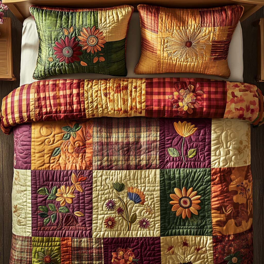 Cozy Floral Autumn 3-Piece Quilted Bedding Set Fall Quilt Sets Nature Lover Gift Fall Decor Gift