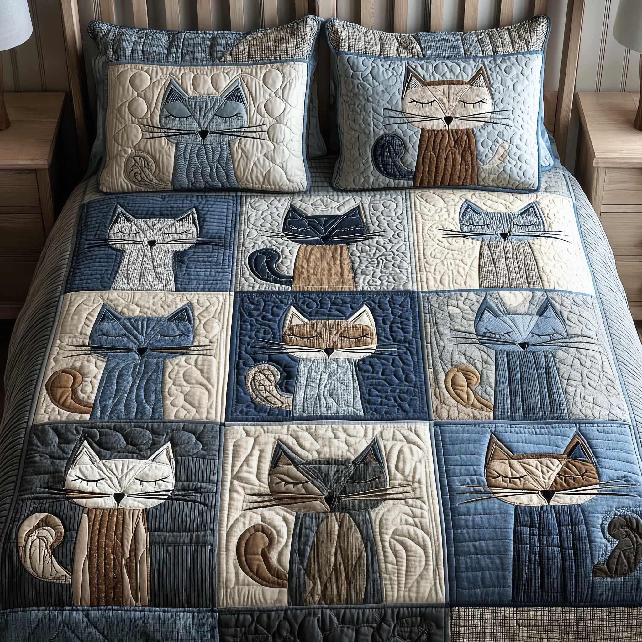 Cozy Patchwork Cat Haven Quilted Bedding Set Bedspread Set Pet Lover Gift Fall Decor Gift