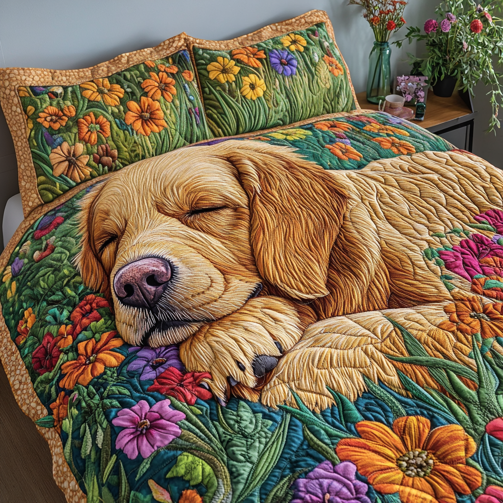Cozy Retriever Quilted Bedding Set Bedspread Set Mothers Day Gift