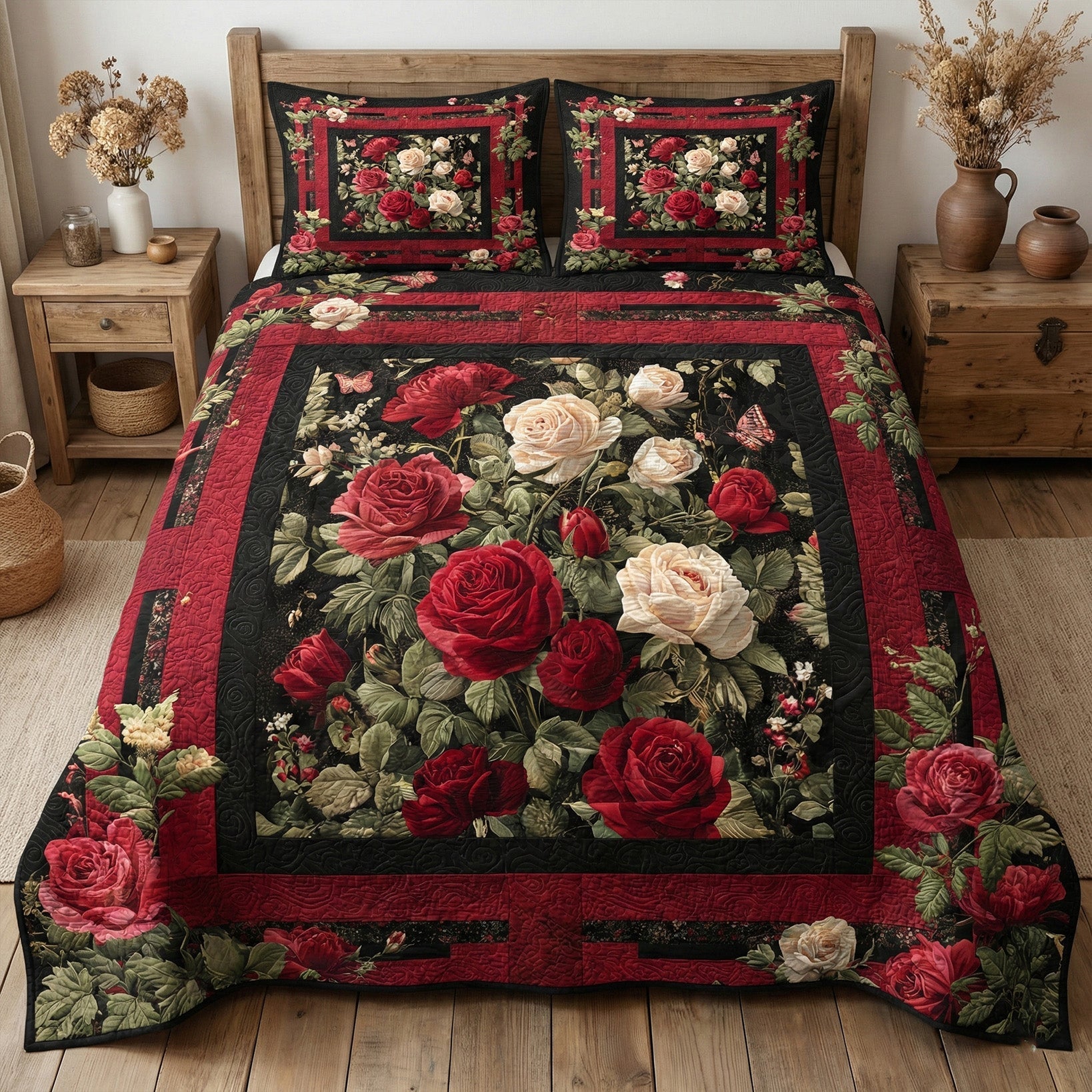 Crimson Rose Elegance 3-Piece Quilted Bedding Set Fall Quilt Sets Mothers Day Gift