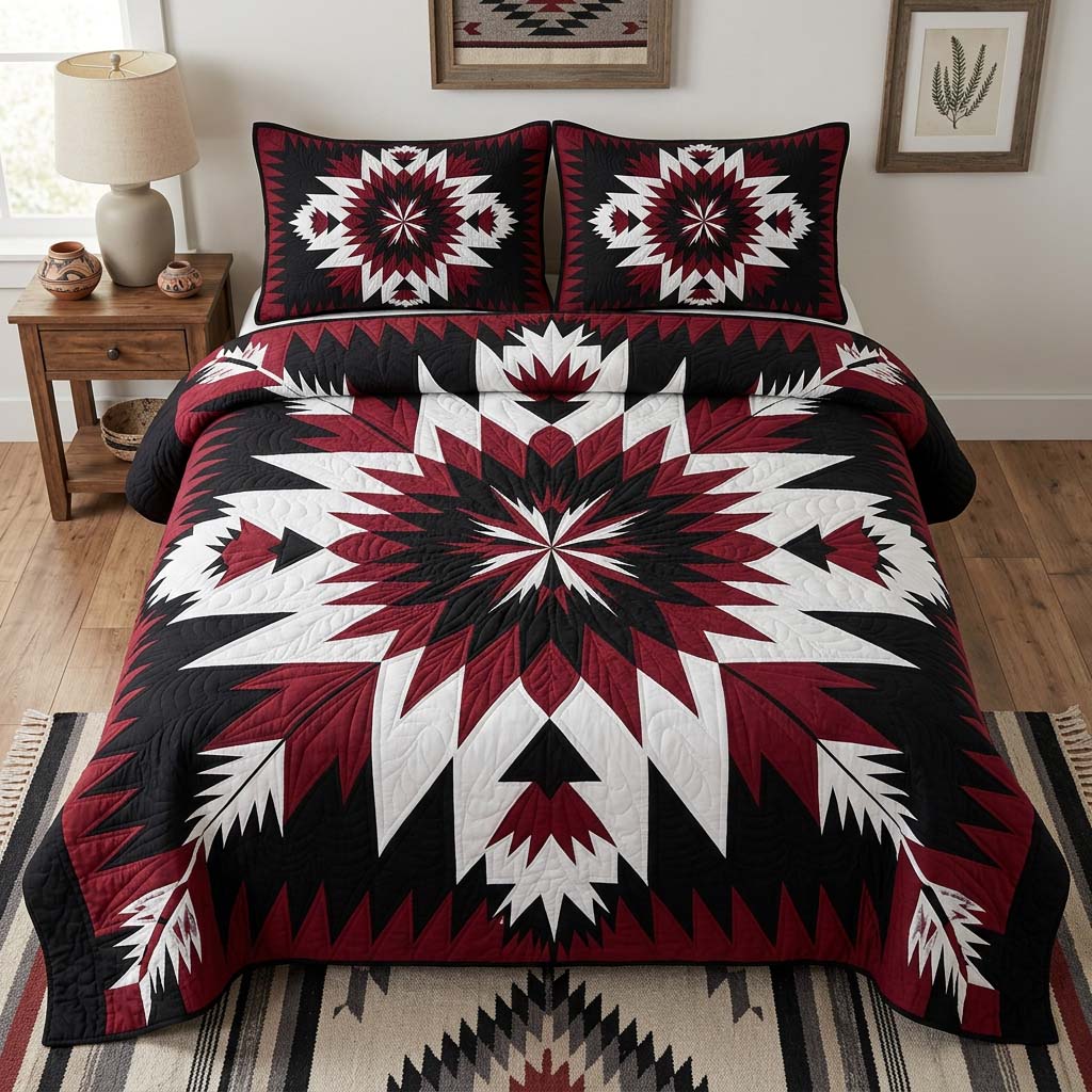 Crimson Starburst Quilted Bedding Set Fall Quilt Sets 4th Of July Gift