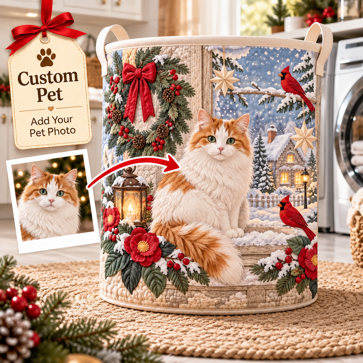Custom Christmas Cat Cardinal Laundry Basket, Clothes Hamper, Gift For Cat Lovers