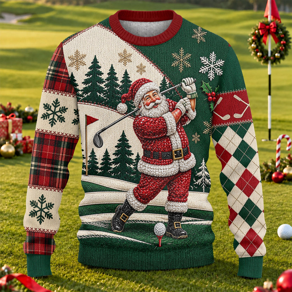 Patchwork Santa Golf Ugly Christmas Sweater - view 1