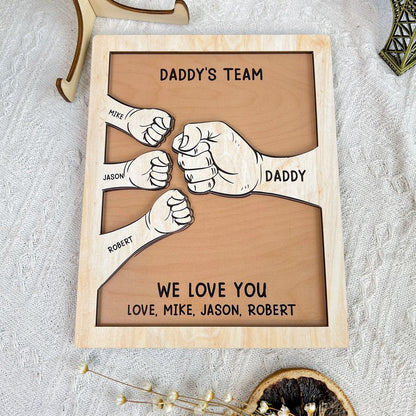 Dad We Love You Hand Bumps Custom Kids Names Personalized Wooden Plaque, Father's Day Gifts