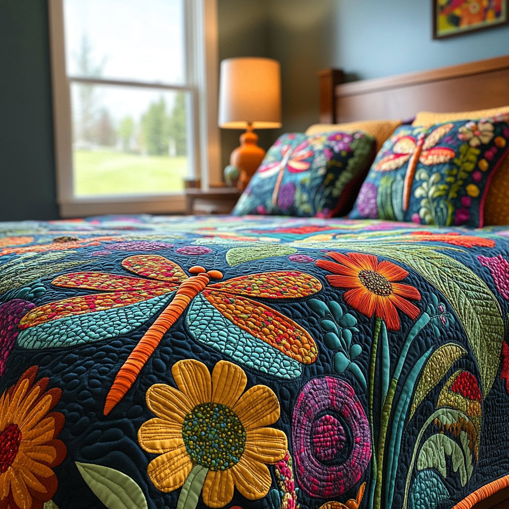 Dragonfly Harmony Quilted Bedding Set Lightweight Quilt Set Nature Lover Gift Fall Decor Gift