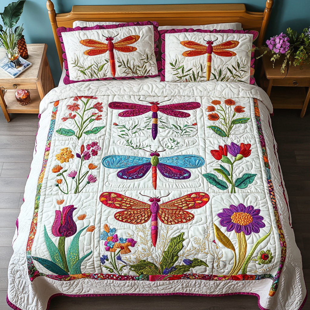 Dragonfly Serenade 3-Piece Quilted Bedding Set Fall Quilt Sets Nature Lover Gift Fall Decor Gift