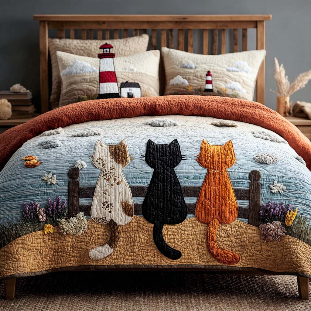 Dreamy Cat Squad 3-Piece Quilted Bedding Set Fall Quilt Sets Pet Lover Gift Fall Decor Gift
