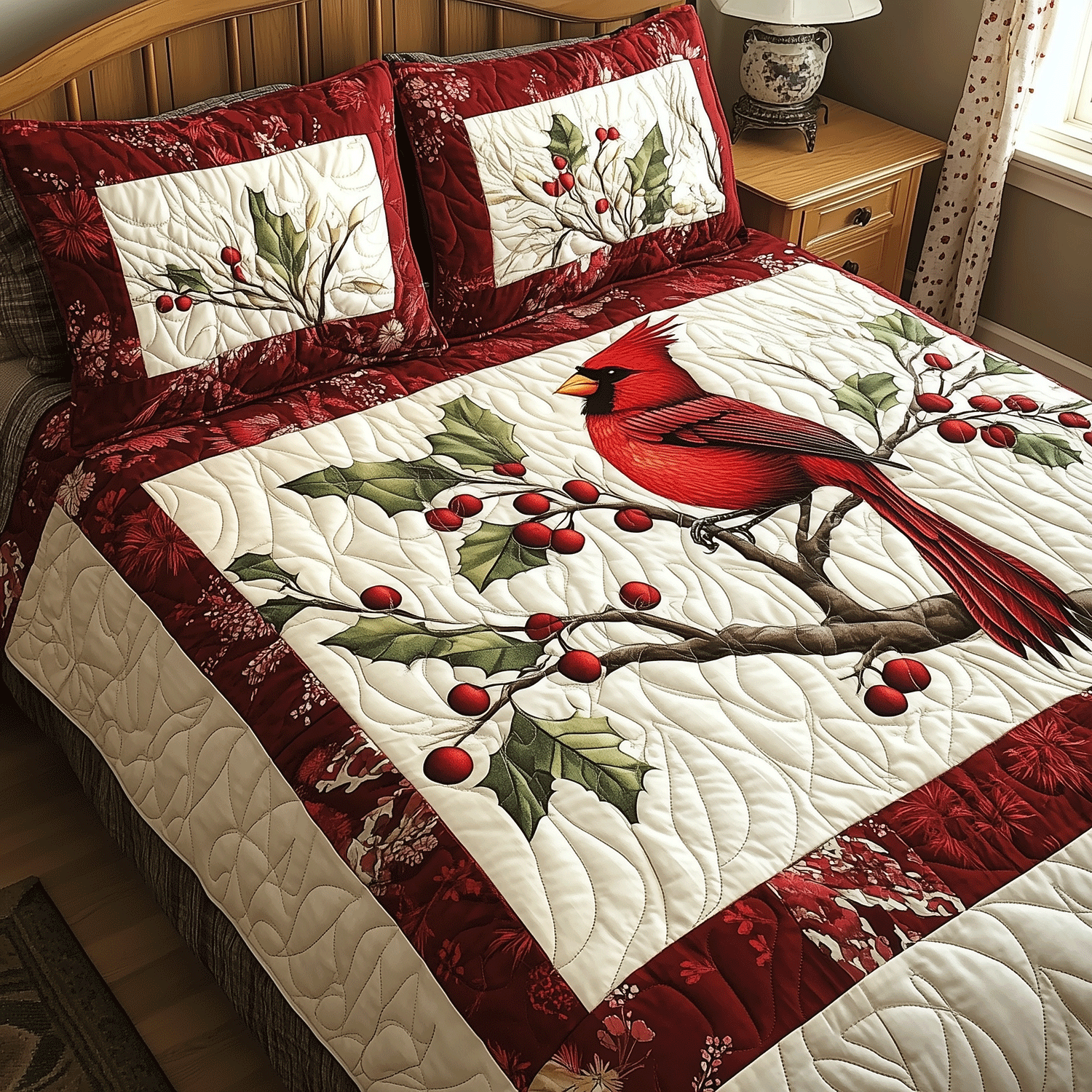 Elegant Cardinal Quilted Bedding Set Lightweight Quilt Set Christmas Gift For Her