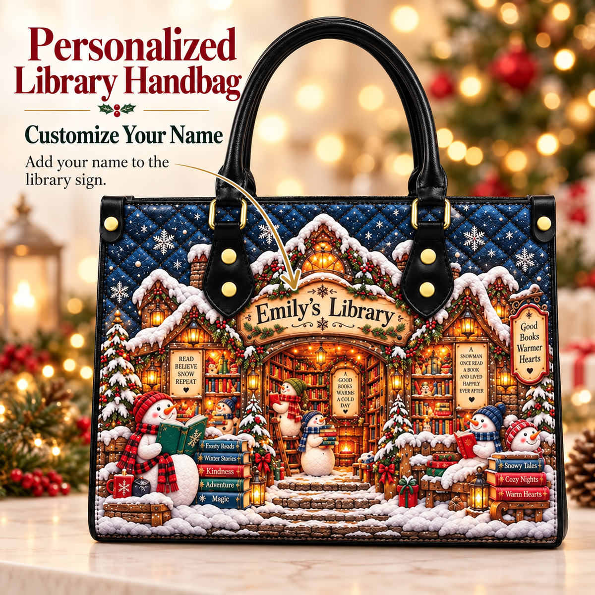 Custom Christmas Library Leather Handbag, Purse For Women, Christmas Gift