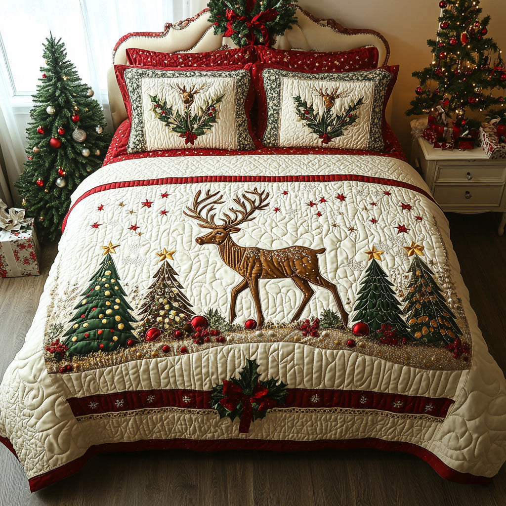 Evergreen Reindeer 3-Piece Quilted Bedding Set Lightweight Quilt Set Housewarming Gift