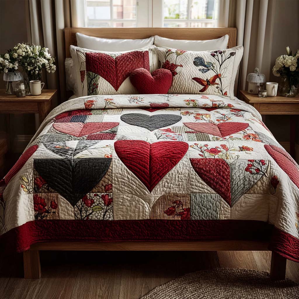 Everlasting Hearts Quilted Bedding Set Quilted Bedspread Housewarming Gift