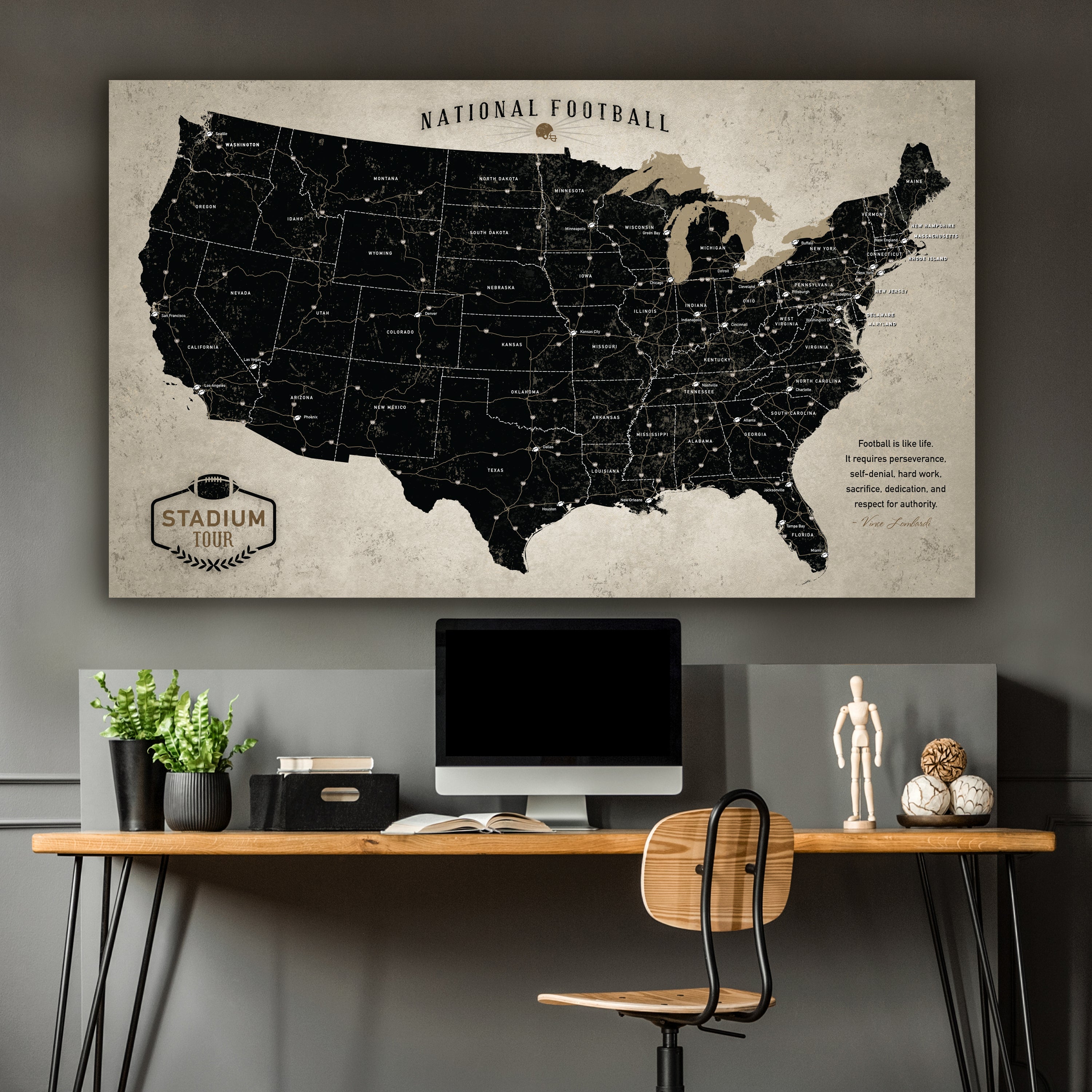 Custom Vintage Football Stadium Tour Map Canvas Wall Art, Gift For Football Lovers