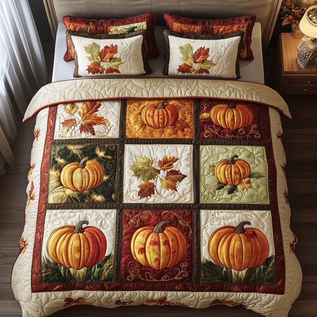 Fall Harvest Parade 3-Piece Quilted Bedding Set Quilted Bedspread Nature Lover Gift Fall Decor Gift
