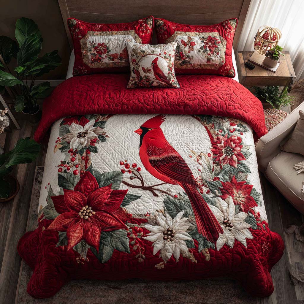 Festive Cardinal 3-Piece Quilted bedding Set Lightweight Quilt Set Christmas Gift For Her