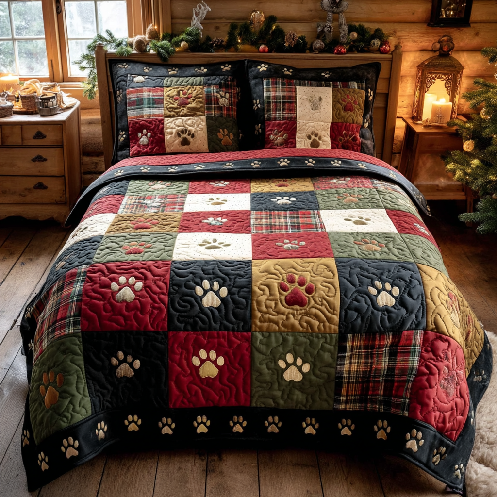 Fireside Paw Tales 3-Piece Quilted Bedding Set Bedspread Set Housewarming Gift