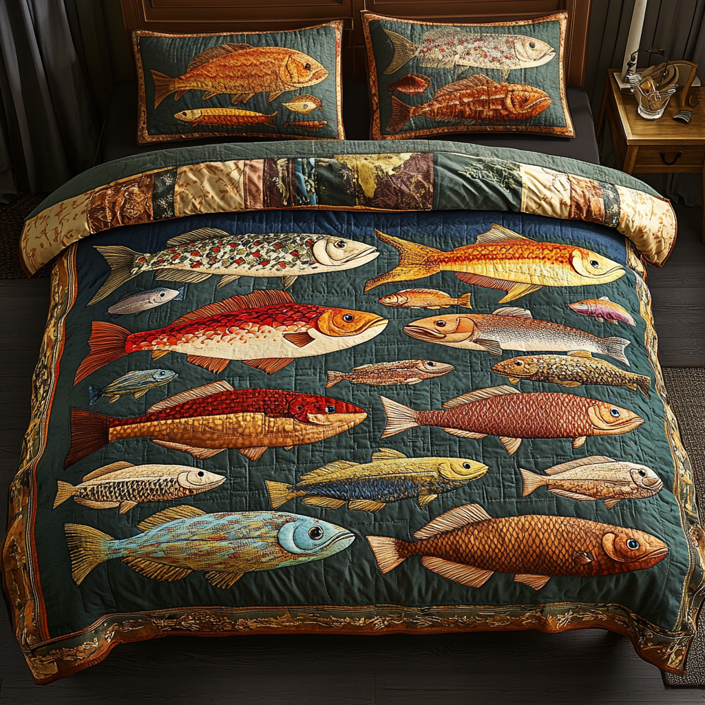 Fish Oasis Quilted Bedding Set Fall Quilt Sets Housewarming Gift