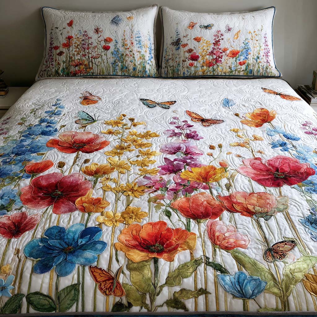 Floral Meadow 3-Piece Quilted Bedding Set Bedspread Set Nature Lover Gift Fall Decor Gift